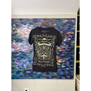 Y2k Affliction Womens Black Graphic T Shirt Skeleton Wings Live Fast 2XL